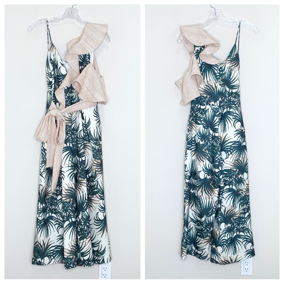 PatBO Palm Jumpsuit (Sz 2) Asymmetric Ruffle Wide Leg Crop Green & White - Picture 6 of 16